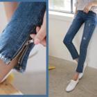 Zip-side Distressed Slim-fit Jeans