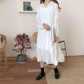 Set: Plain Long-sleeve A-line Midi Dress + Strappy Dress