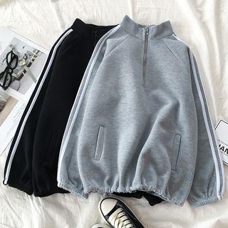 Long-sleeve Striped Trim Zip-front Top