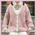 V-neck Argyle Print Cardigan Pink - One Size