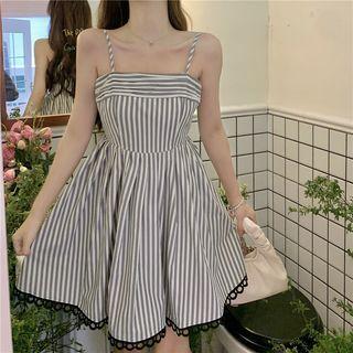Spaghetti-strap Striped Mini A-line Dress Gray & White - One Size