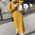 Long-sleeve Rib Knit Midi Sheath Dress