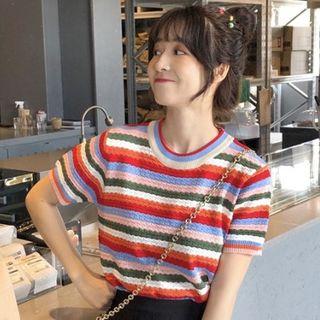 Rainbow Stripe Pointelle Short-sleeve Knit Top As Shown In Figure - One Size