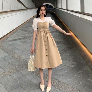 Mock Two-piece Short-sleeve Paneled Buttoned A-line Midi Dress As Shown In Figure - One Size