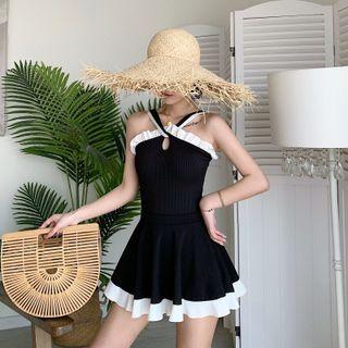 Set: Halter-neck Frill Trim Swimsuit + Swim Skirt