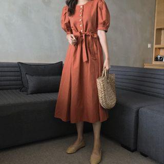 Buttoned Puff-sleeve A-line Long Dress With Sash