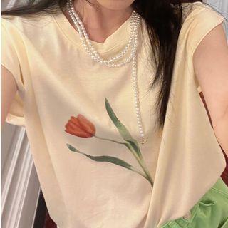 Sleeveless Tulip Print T-shirt