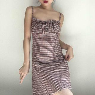 Spaghetti Strap Plaid Shirred Mini Dress