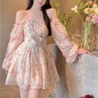 Floral Off Shoulder A-line Mini Dress Pink - One Size