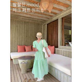 Puff-sleeve Wrap-front Gingham Long Dress