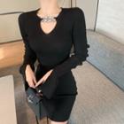 V-neck Long-sleeve Mini Sheath Dress Dress - Black - One Size