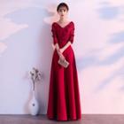 Elbow-sleeve Flower Applique A-line Evening Gown