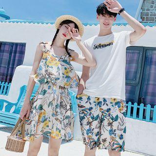 Couple Matching Set: Tie-shoulder Floral Print A-line Dress + Shorts + Lettering Short-sleeve T-shirt