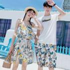 Couple Matching Set: Tie-shoulder Floral Print A-line Dress + Shorts + Lettering Short-sleeve T-shirt