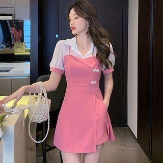 Set: Short-sleeve Collar Mock Two-piece Mini Dress + Shorts