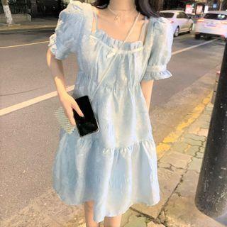 Short-sleeve Frill Trim Tiered A-line Dress