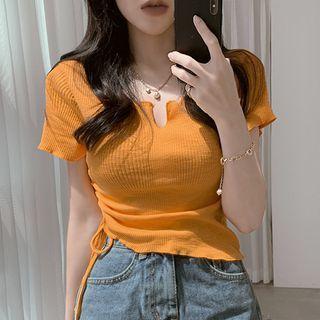 Short-sleeve Placket Drawstring Ribbed T-shirt