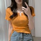 Short-sleeve Placket Drawstring Ribbed T-shirt