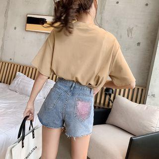 Glitter Distressed High-waist Denim Shorts