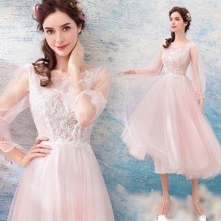 Long-sleeve Mesh Midi Bridesmaid Dress