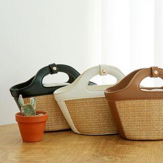 Drawstring Raffia-panel Mini Tote Bag