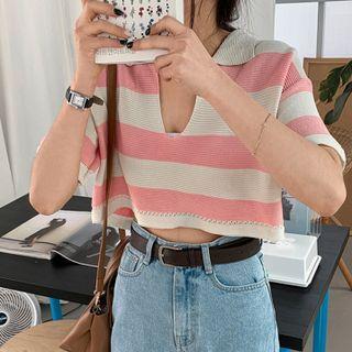 Collared V-neck Stripe Knit Crop Top