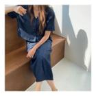 Set: Short-sleeve V-neck Denim Cropped Jacket + Midi Pencil Skirt Jacket - Blue - One Size / Skirt - Blue - One Size