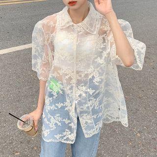 Puff-sleeve Mesh Panel Lace Shirt Almond - One Size