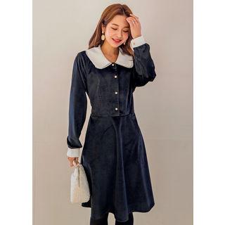 Tall Size Contrast-collar Flared Velvet Dress