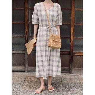 Plaid Elbow-sleeve Midi Shift Dress