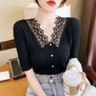 Elbow-sleeve Lace V-neck Knit Top