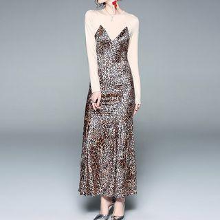 Long-sleeve Leopard Print Sheath Maxi Dress