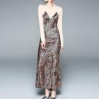 Long-sleeve Leopard Print Sheath Maxi Dress