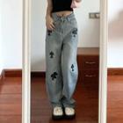 Low Rise Crisscross Embroidered Wide Leg Jeans