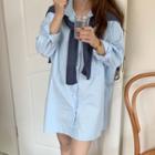 Long-sleeve Plain Long Shirt / Knit Shawl