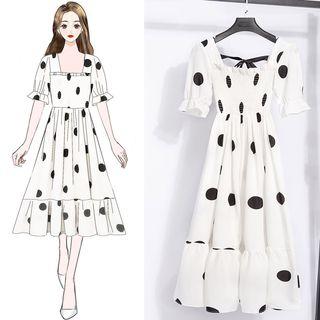 Dotted Short-sleeve Square Neck A-line Chiffon Dress