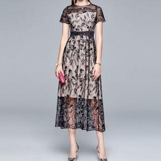 Sequined Floral Embroidered Mesh Midi A-line Dress
