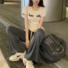 Short-sleeve Lettering Henley Crop Top / Pants / Set