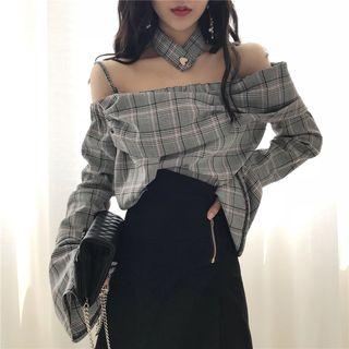 Bell-sleeve Off-shoulder Plaid Top Plaid - Black - One Size
