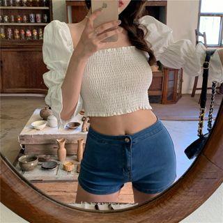 Square-neck Elbow-sleeve Blouse / Denim Shorts