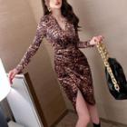 Long-sleeve Leopard Print Slit Mini Sheath Dress