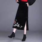Embroidered Velvet Midi Skirt