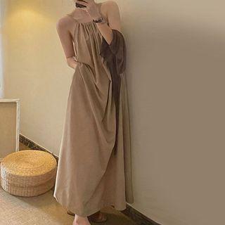 Halter Plain A-line Maxi Dress Khaki - One Size