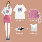 Short-sleeve Cartoon Print T-shirt / Fitted Plaid Mini Skirt