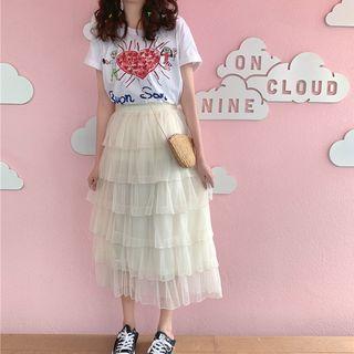 Short-sleeve Print T-shirt / Tiered Midi Mesh Skirt