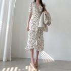 Short-sleeve Ruffled Floral Chiffon A-line Midi Dress