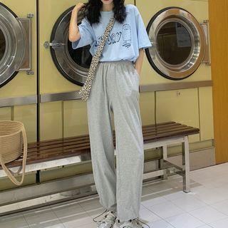 Elbow-sleeve Lettering Print T-shirt / Drawstring Sweatpants