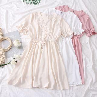 Lace-trim Tie-waist Chiffon A-line Dress