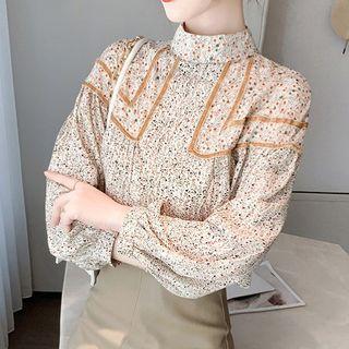 Lantern-sleeve Floral Panel Contrast Trim Shirt