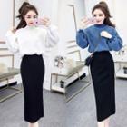 Faux-shearling Pullover / Midi Straight-fit Knit Skirt / Set